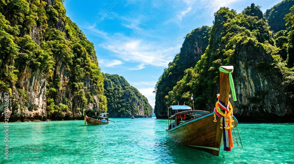 Obraz premium A traditional wooden long-tail boat, its bow decorated with colorful fabric sashes, floats on brilliant turquoise water in a limestone lagoon steep, jungle-covered karst cliffs rise on either side.