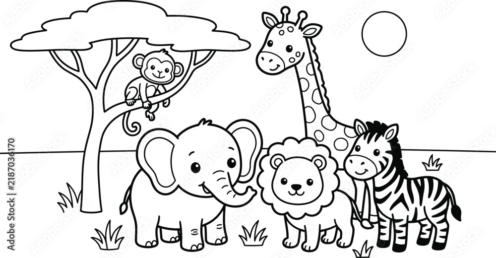 Fototapeta premium Cute Animal Coloring Page With Umbrella Rainy Day Nature Scene And Playful Outdoor Details