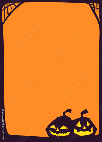 Halloween poster illustration featuring two carved pumpkins on a bold orange background with dark purple decorative corners