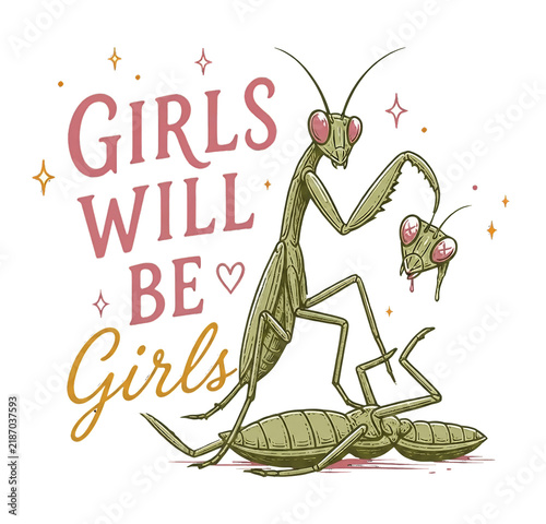 Vintage mystical praying mantis tarot card graphic print with funny quote girls will be girls
