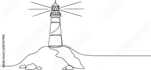 A minimalist continuous single line of a lighthouse standing on a rocky shoreline against white background