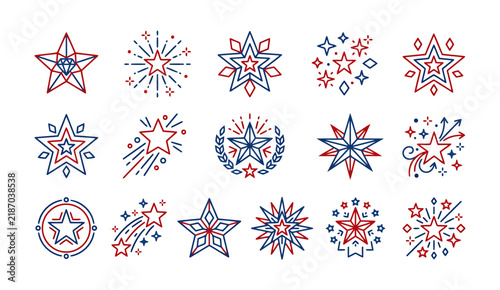 Collection of line art star icons with intricate details in red and blue colors.