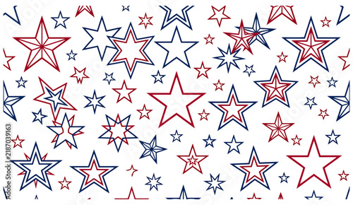 Seamless pattern with various outline stars in red and blue colors for patriotic background.