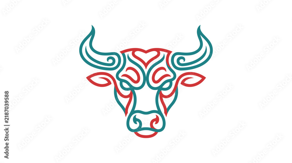 Fototapeta premium Stylized Bull Head Vector Illustration with Tribal Line Art Patterns in Red and Teal, Minimalist Ox Mascot Design Isolated on White Background for Branding and Creative Projects