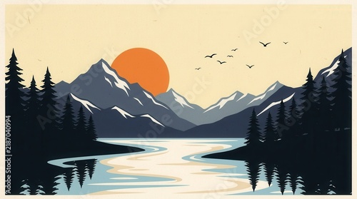 Abstract art of a stylized mountain river landscape with flying birds and sun for living room or office walls