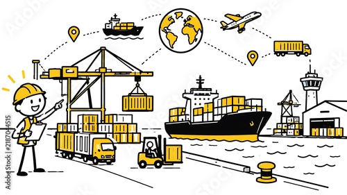 Simple stick figure illustration depicts with comprehensive seaport and maritime logistics