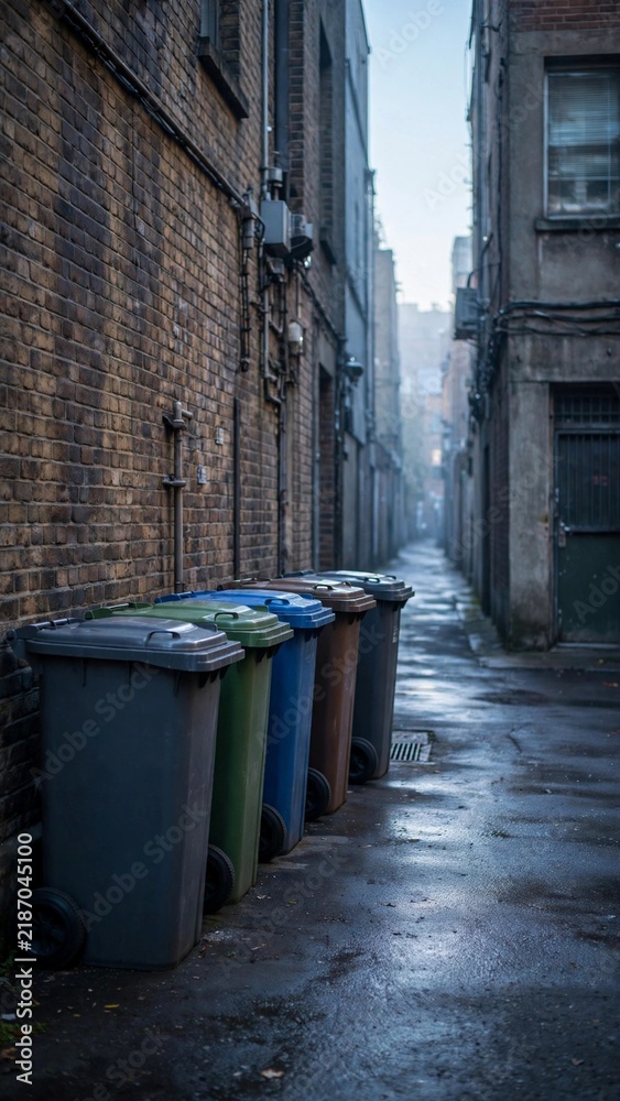 Obraz premium Vertical urban street photography capturing moody alleyway with row of colorful garbage bins on wet pavement in misty morning light, perfect for environmental awareness promotions