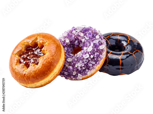 Fotografie Halloween-themed donuts featuring jelly-filled, purple crystal, and black crackle glaze designs