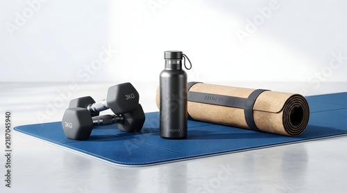 Compact Home Gym Essentials on Blue Mat with Dumbbells Bottle and Yoga Roll