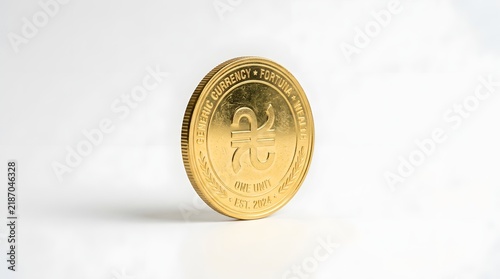 Golden Coin Standing on White Surface