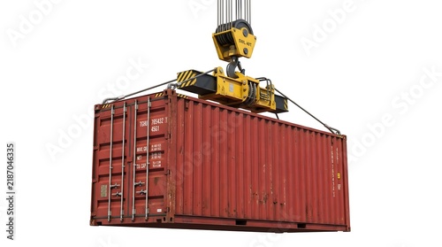 Industrial Red Shipping Container Being Lifted by Crane Hook