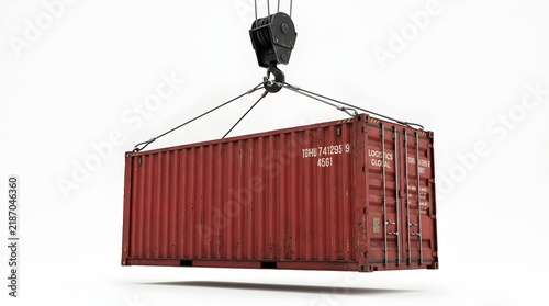 Red Cargo Container Suspended by Crane Hook