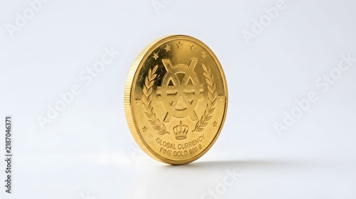 Shiny Gold Coin Standing on White Surface