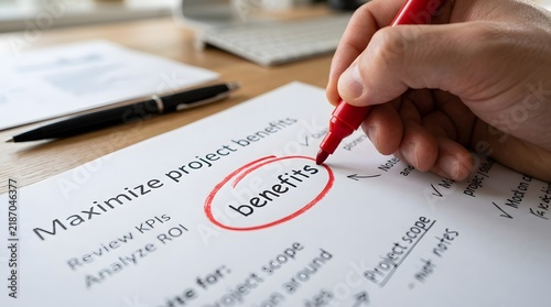 Focused Hand Circling Benefits on Project Document in Office