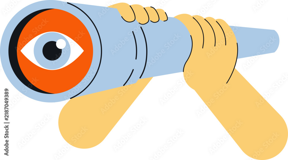 Obraz premium Hands holding telescope with eye. Search concept spyglass cartoon vector illustration