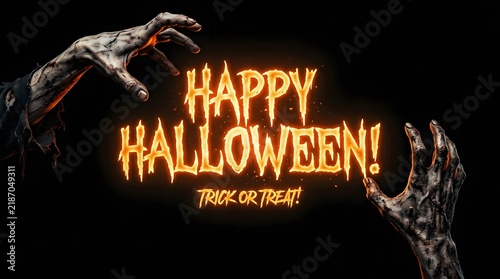 A spooky and thrilling halloween scene featuring a monstrous claw and eerie glowing text