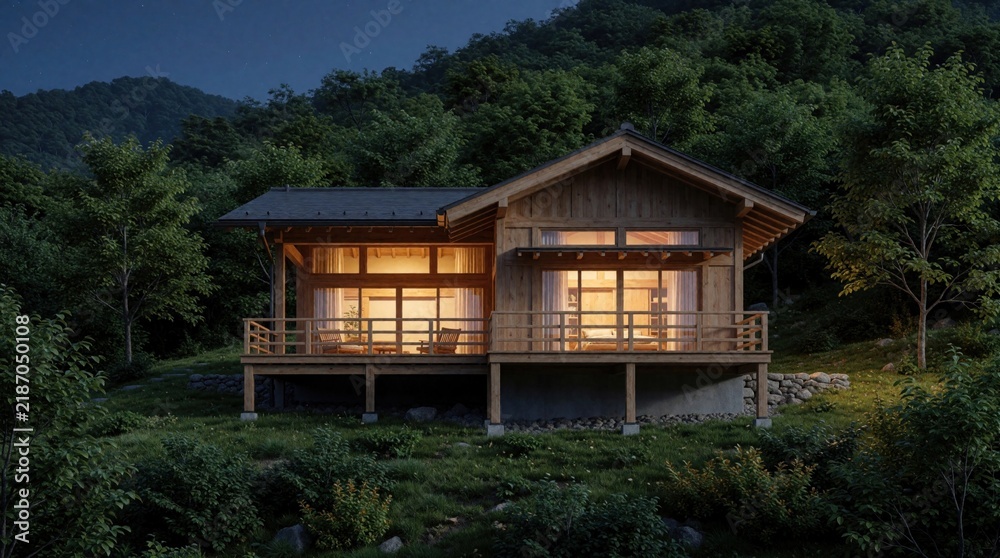 Fototapeta premium Illuminated wooden house rests on mountain slope in forest at dusk. Warm light spills from large windows onto deck. Nature surrounds peaceful dwelling.