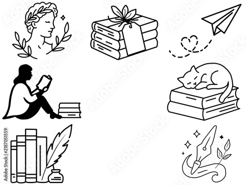 Obraz na płótnie National Poetry Day Books and Writing Black and White Line Art Illustration