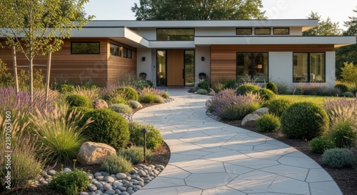 Beautiful modern house with a well-maintained garden and pathway