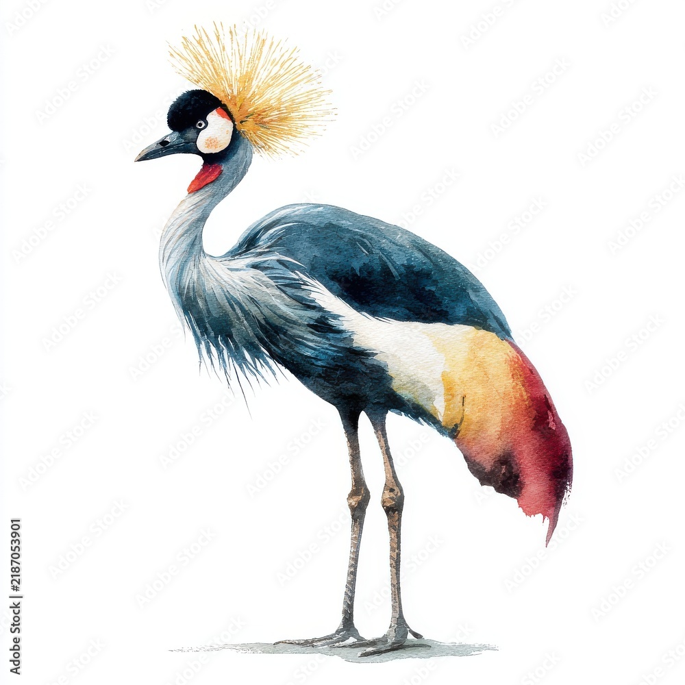 Obraz premium Watercolor Painting Of A Grey Crowned Crane With Gold Crest Against A Pristine White Background