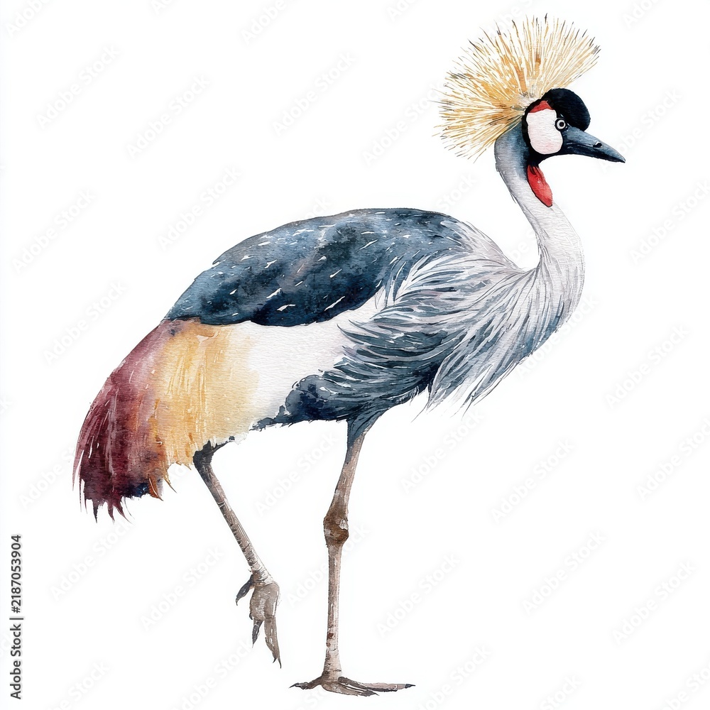 Fototapeta premium Watercolor Painting Of A Grey Crowned Crane Standing On One Leg Isolated On A White Background
