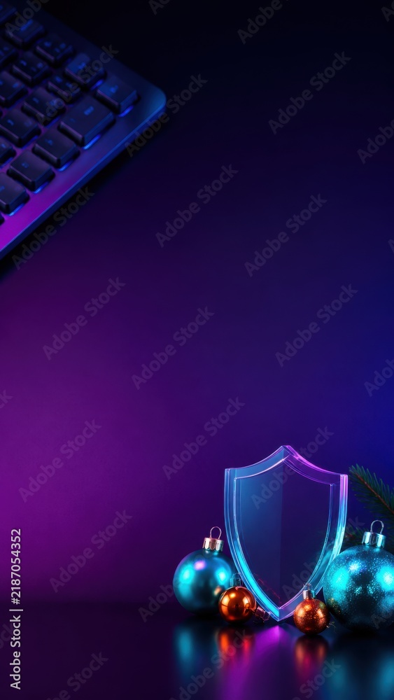 Fototapeta premium Christmas-themed composition featuring a transparent shield, colorful ornaments, and a computer keyboard against a dark purple background with festive lighting