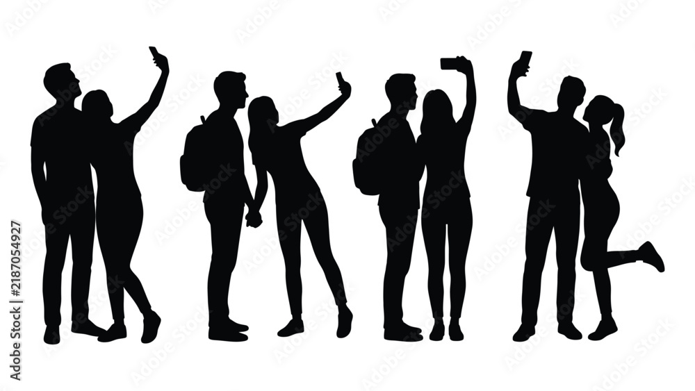 Fototapeta premium Silhouette illustration of six pairs of people taking selfies with smartphones in different poses including backpacks, leaning, standing side by side and playful leg lift gesture