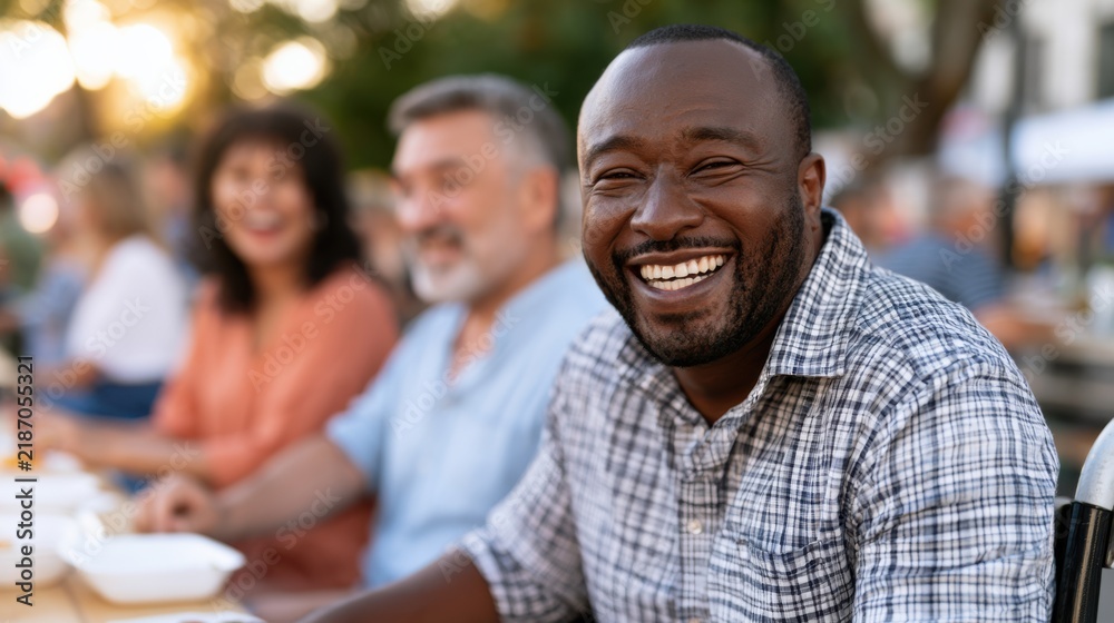 Obraz premium Smiling African American man in checkered shirt sits at outdoor dining table with diverse friends enjoying food and drinks during a sunny gathering in a park setting