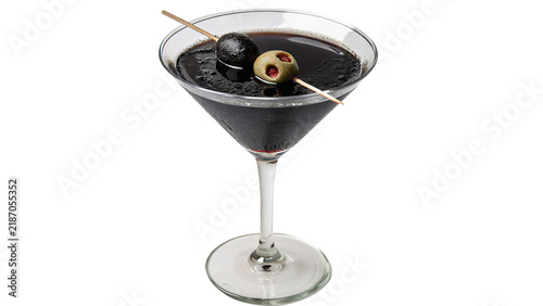 Classic elegant martini cocktail drink with olives in glass isolated on transparent background