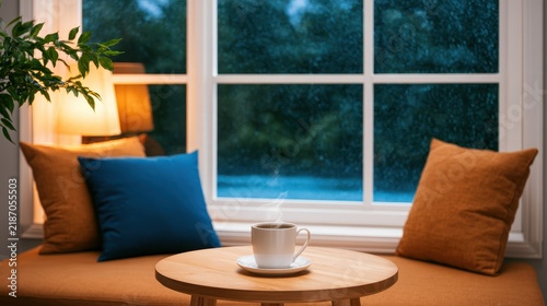 cozy cafe window seat with plush cushions