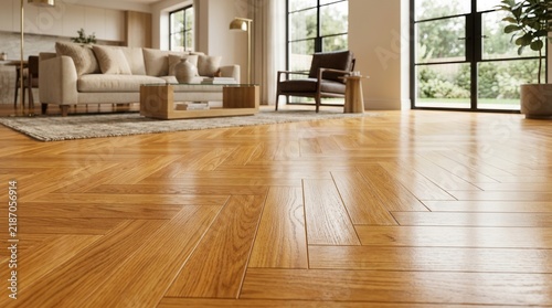 Indoor living space featuring wood parquette flooring for home design and decor