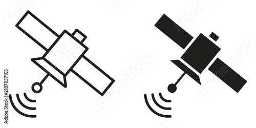 Foto Two satellite with radio signal waves, one in outline style and one in solid bla