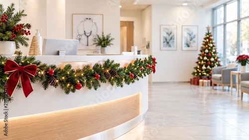 Cheerful hospital reception adorned for the holiday season creating a warm and welcoming atmosphere for visitors and patients