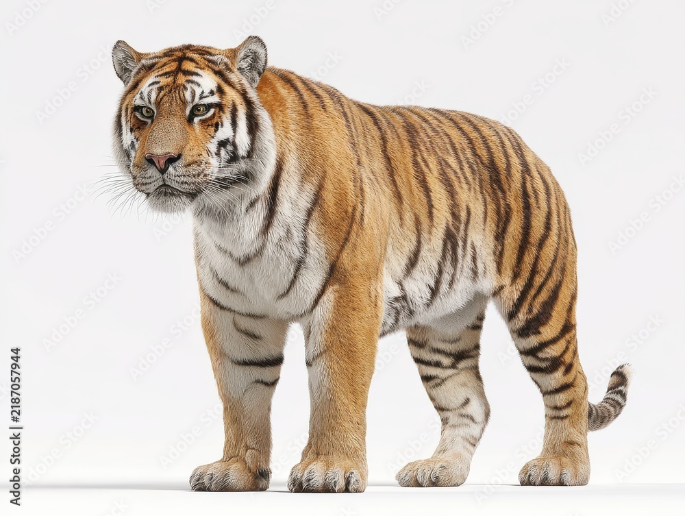 Fototapeta premium Majestic Bengal Tiger Standing Isolated On White Background With Detailed Fur Texture