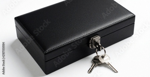 Black leather box with key rests on white surface. Lockable container offers secure storage for valuables. Object suggests privacy protection, safekeeping of important items. Closed, isolated.