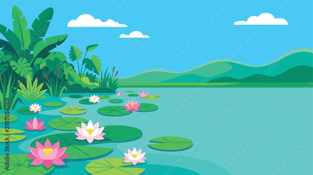 Obraz premium Vector illustration of a serene pond with blooming pink and white lotus flowers, green lily pads, tropical foliage, and hills.