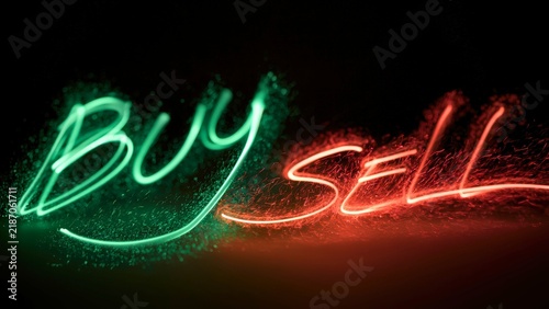 Buy and sell text written in glowing neon green and red light trails against a dark background representing financial