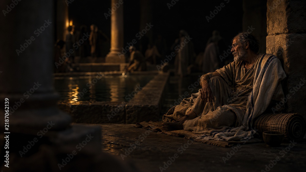 Fototapeta premium Sick old man sits by Bethesda pool waiting for healing in ancient Jerusalem. Biblical scene with stone columns, water and crowd of blind and lame people in shadows.