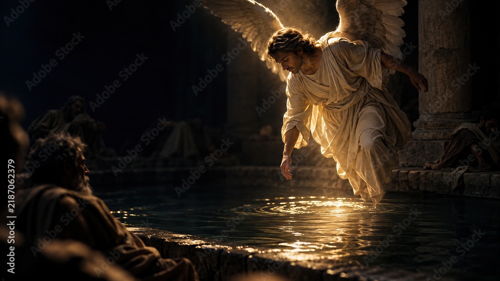 Fototapeta premium Angel touches water as a man watches in a dramatic scene. Golden light illuminates the sacred pool. This image evokes themes of miracles, healing, and divine intervention.