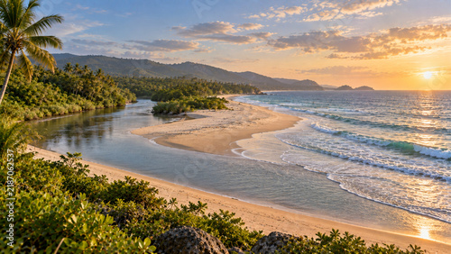 Tropical beach landscape with sandy shoreline and river lagoon meeting the ocean at sunset