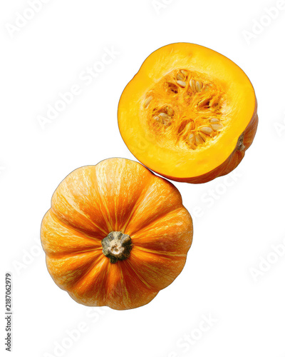 A vibrant orange pumpkin, halved to reveal its bright yellow interior and seeds, rests alongside its whole counterpart against a stark black background