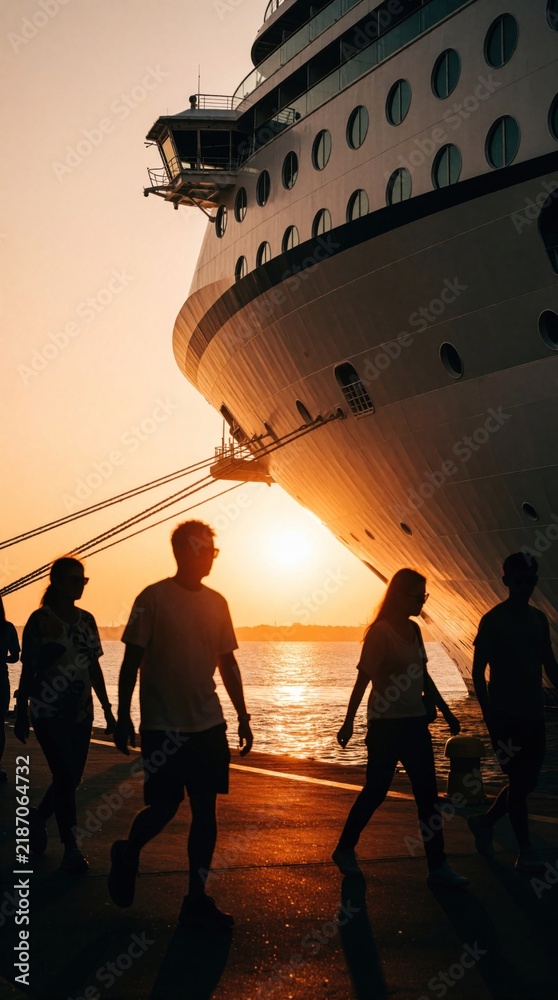 Fototapeta premium Silhouetted people walk on pier near huge cruise ship at sunset. Passengers stroll along dock during golden hour. Travelers enjoy evening walk by ocean at maritime port. Large vessel moored at harbor