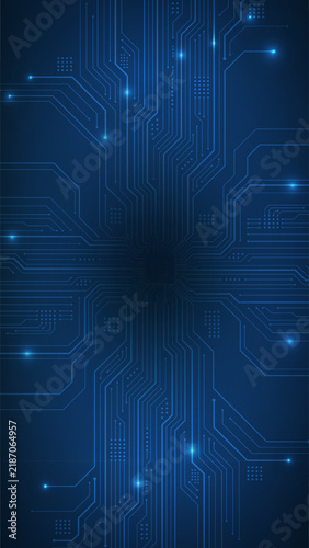 Futuristic digital circuit board vector illustration on dark blue background with glowing light core, vertical format, tech cyber security, smart innovation, microchip data concept