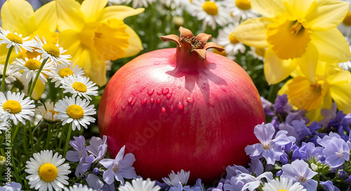 A fresh red pomegranate surrounded by yellow daffodils and white daisies in a garden