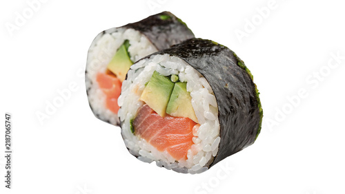 Obraz na plátne Two pieces of fresh delicious maki sushi rolls with salmon isolated on transpare