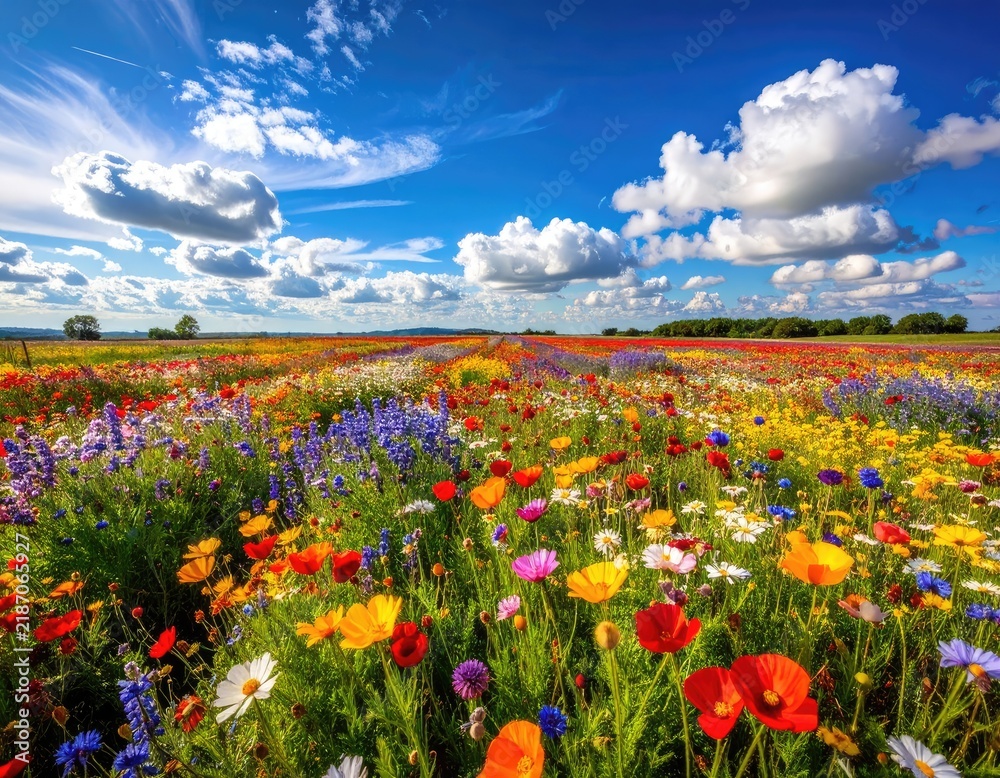 Fototapeta premium A vibrant field of wildflowers blooms under a bright blue sky with fluffy white clouds.