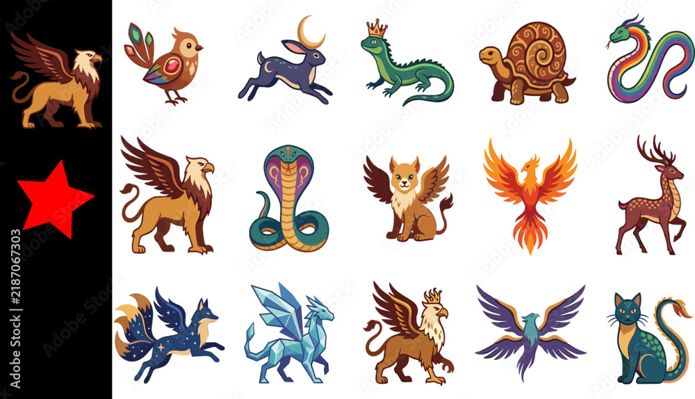 Fototapeta premium Collection of sixteen fantasy creature illustrations featuring griffin rabbit lizard turtle cobra phoenix deer cat designs on white background with black banner and red star