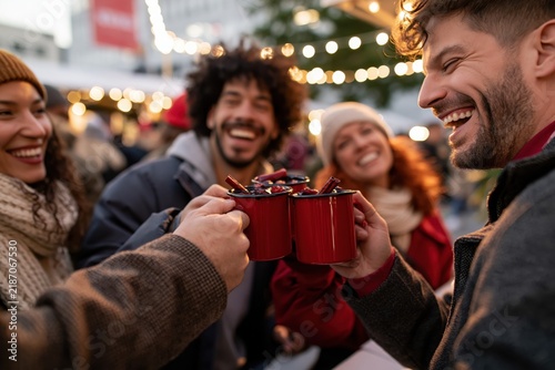 Friends laughing and toasting with red mugs at outdoor winter market