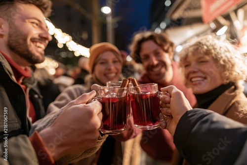 Smiling friends toasting with mugs of mulled wine outdoors at night