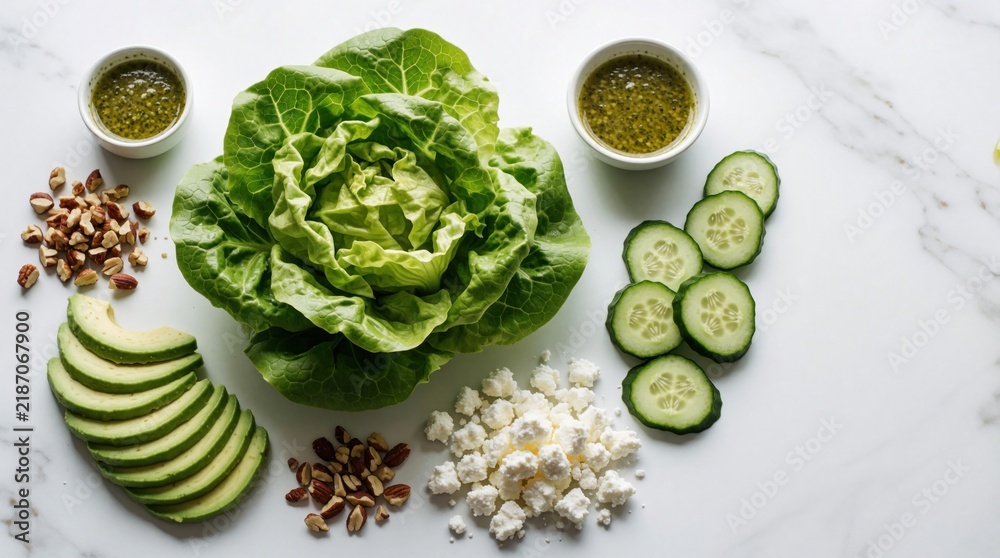 Obraz premium Fresh salad ingredients on white marble table. Head of green lettuce, sliced avocado, cucumber, feta cheese, nuts, two bowls of dressing. Healthy vegan meal prep with raw organic vegetables,